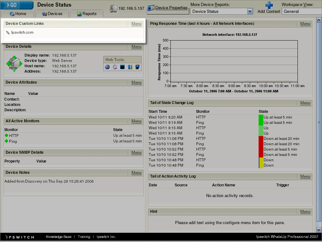 Device Status page with a Custom Link